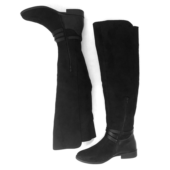 XOXO THAMES Low Block Heel OTK Black Faux Suede Boots Buckle Accent Zipper 8.5M - Picture 2 of 16